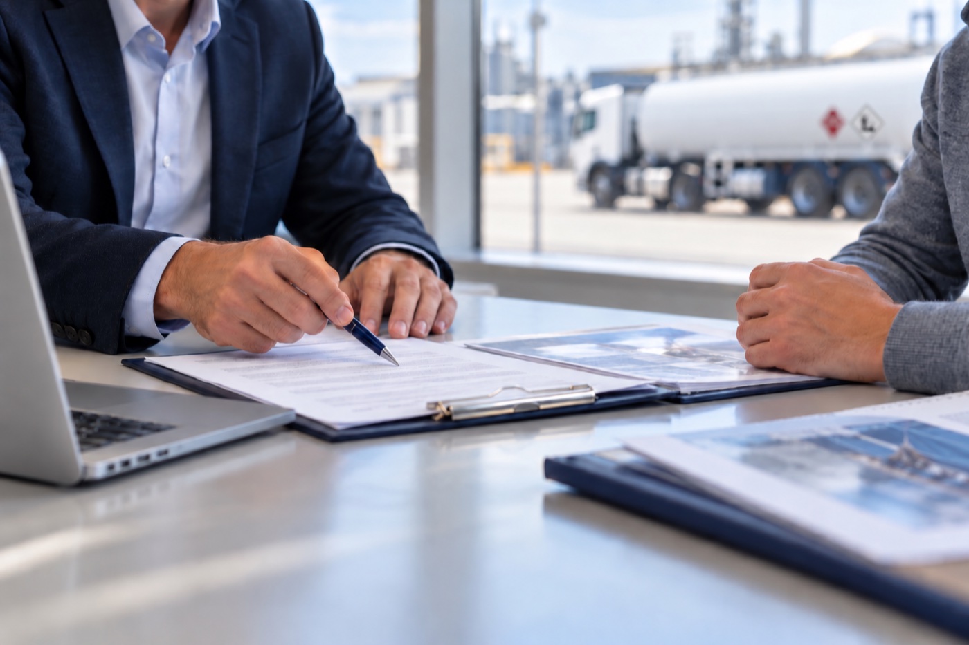 Consulente e cliente esaminano insieme i documenti di trasporto durante un confronto in ufficio
