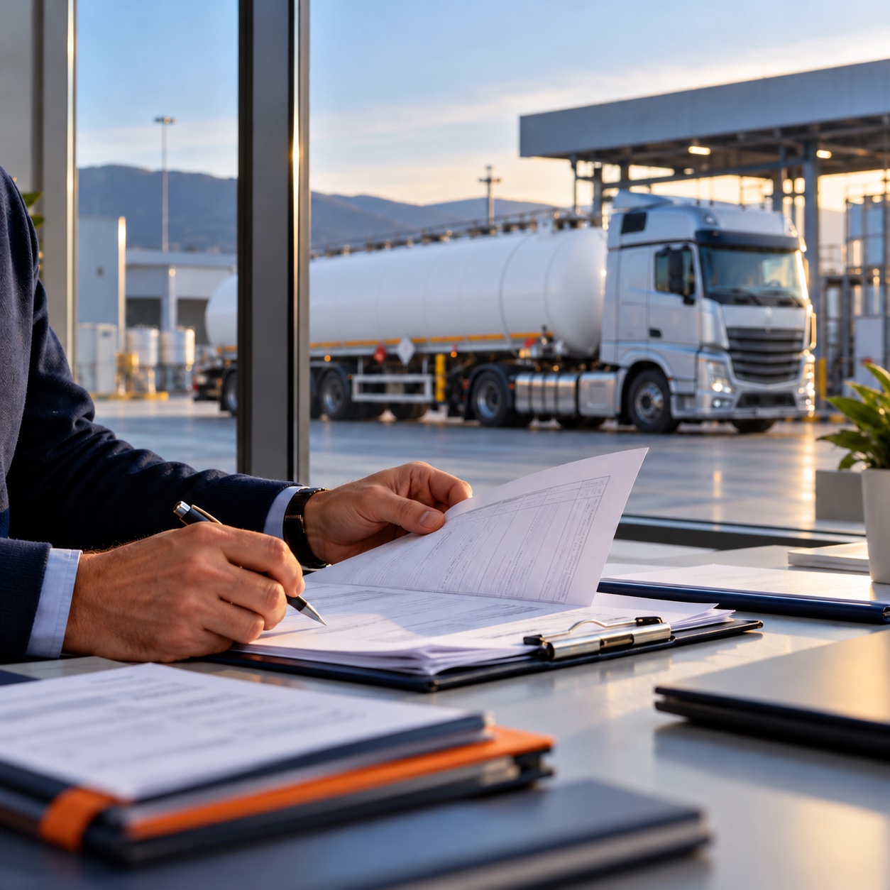 Documenti di trasporto esaminati in ufficio, con un’autocisterna sullo sfondo